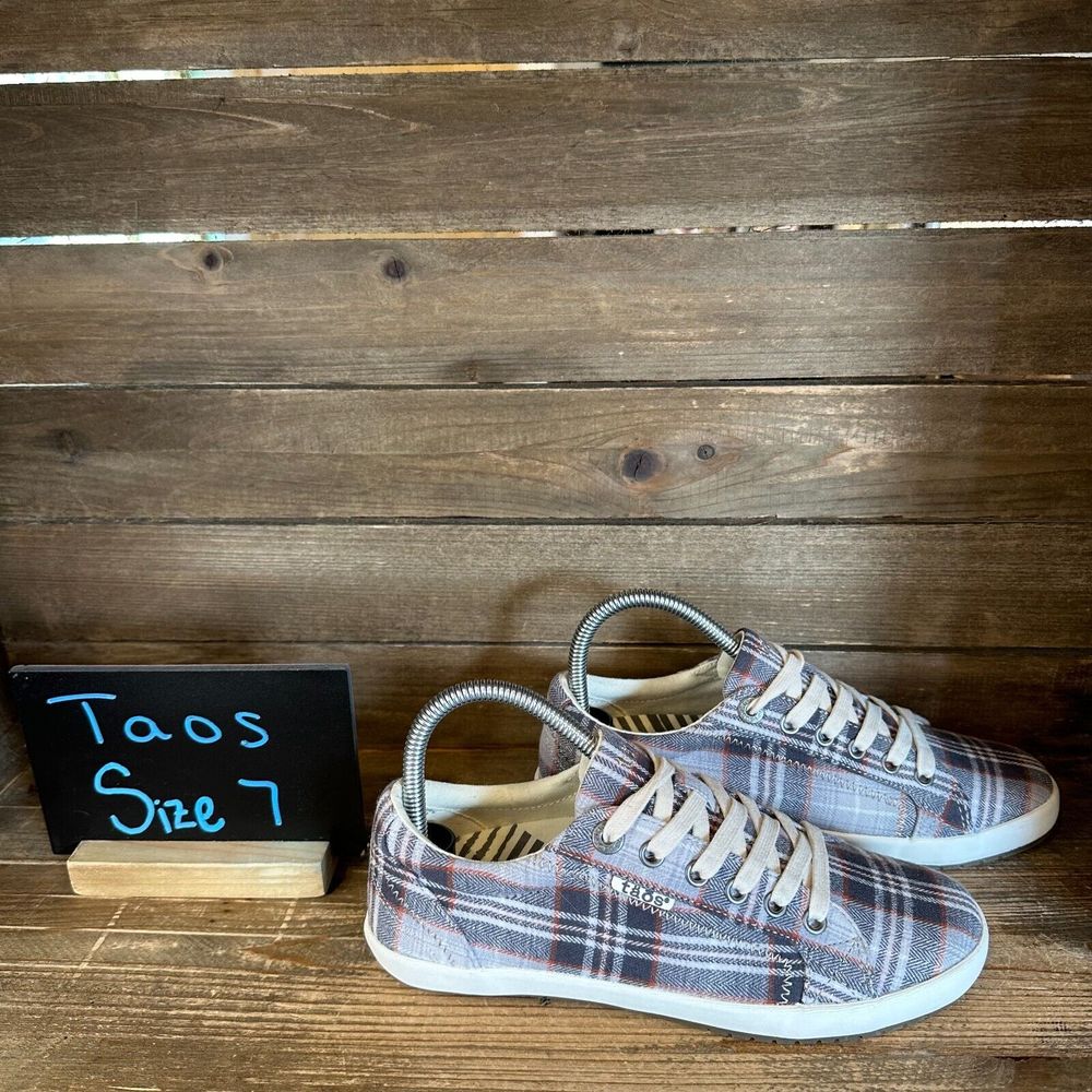 New Womens Taos Star Gray Plaid Low Top Canvas Casual Shoes Sneakers Size 7 M